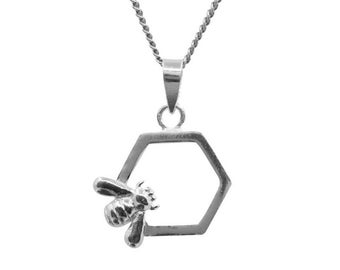 Sterling Silver Honey Bee Honeycomb Pendant & Silver Necklace High Quality British Made Jewellery