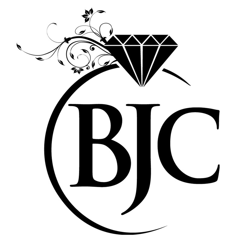 May include: Black and white logo with a diamond ring and the letters BJC inside a circle.