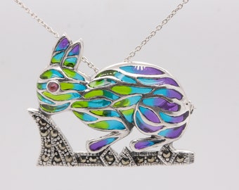 Vintage Style Handmade 925 Sterling Silver Plique-à-jour Enamelled Ruby Marcasite Rabbit Brooch