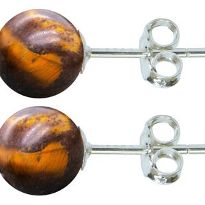 Sterling Silver Tiger Eye Tigers Eye Earrings 8mm Ball Stud Earrings With Butterfly Backs High Quality British Made Jewellery
