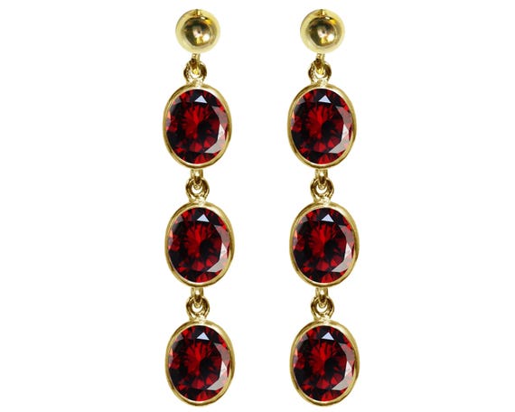 9ct Yellow Gold Natural Garnet Oval Triple Drop Dangling Hanging Earrings  High Quality British Made Jewellery