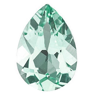 May include: A pear-shaped, light green gemstone with a faceted cut.