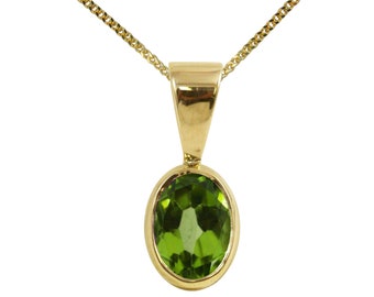 9ct Yellow Gold Natural Peridot Solitaire Single Drop Oval Pendant & Necklace High Quality British Made Jewellery