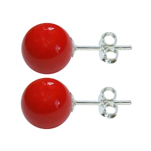 Sterling Silver Blood Red Coral 8mm Ball Stud Earrings With Butterfly Backs High Quality British Made Jewellery
