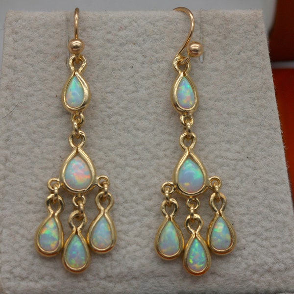 Beautiful 9ct Yellow Gold Cabochon Opal Chandelier Drop Earrings On Hooked Ear Fittings  In Gift Box High Quality British Made Jewellery