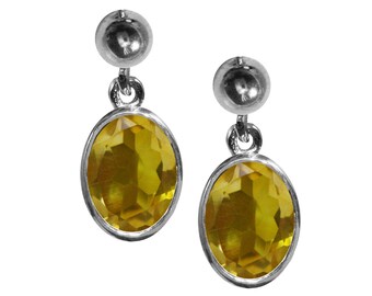 Sterling Silver Natural Citrine Oval Single Drop Dangling Studs Earrings High Quality British Made Jewellery