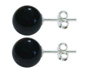 Sterling Silver Black Onyx 8mm Ball Stud Earrings With Butterfly Backs High Quality British Made Jewellery