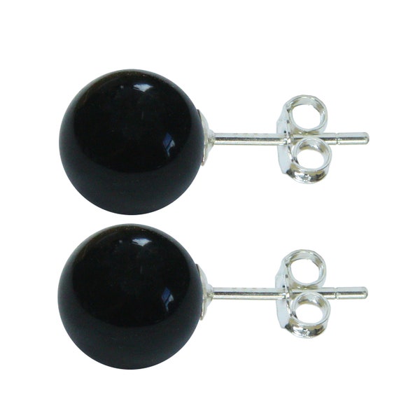 Pendientes de botón de bola de 8 mm de ónix negro de plata de ley con espalda de mariposa Joyería británica de alta calidad