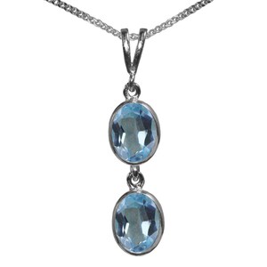 9ct White Gold Natural Blue Topaz Double Drop Oval Pendant & Necklace High Quality British Made Jewellery
