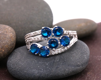 INCREDIBLE Sterling Silver 925 Sapphire & CZ Round Brilliant Cocktail Ring Size M High Quality British Made Jewellery