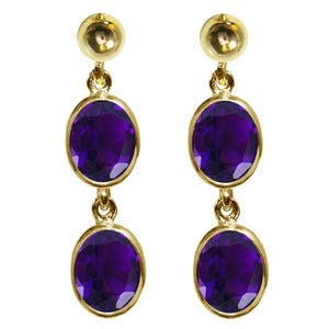 9ct Yellow Gold Natural Amethyst Oval Double Drop Dangling Studs Earrings High Quality British Made Jewellery