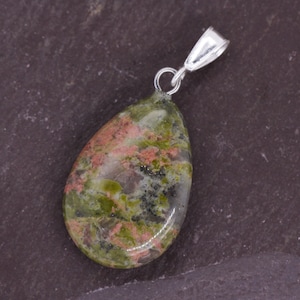 Sterling Silver Natural Unakite Jasper Teardrop Pear Drop Pendant & Necklace