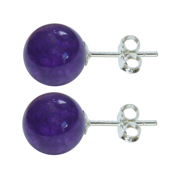 Sterling Silver Amethyst 8mm Ball Stud Earrings With Butterfly Backs High Quality British Made Jewellery Light & Dark Amethyst