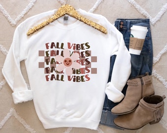 Fall Vibes Crewneck Sweatshirt | Checker Trend Shirt | Fall Graphic Apparel | Autumn Clothes | Heavy Cotton Comfies | Pumpkin Daisy