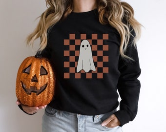 Smiley Ghost Crewneck Sweatshirt | Checker Trend Shirt | Fall Graphic Apparel | Autumn Clothes | Heavy Cotton Comfies