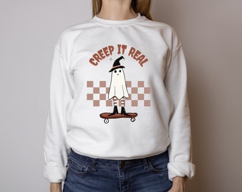 Creep it Real Crewneck Sweatshirt | Checker Trend Shirt | Fall Witch Graphic Apparel | Autumn GhostClothes | Heavy Cotton Comfies