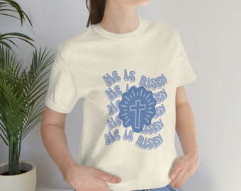 He is Risen, Blue, Retro, Spring Graphic Tee Shirt for Christian Women