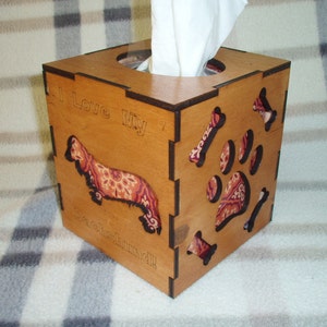 Laser-Cut Tissue Box Cover - Long-Hair Dachshund Theme