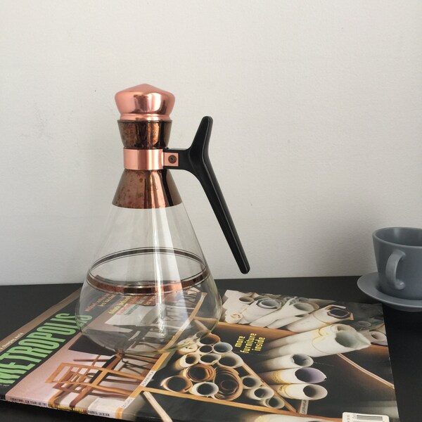 Glass Coffee Carafe with Copper Cork, Copper and Glass Carafe, Mid Century Carafe, Atomic 12 Cup Coffee Carafe, 1950's Heatproof Carafe