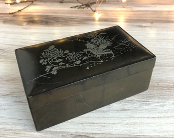 Chinese Black Lacquer Box Silver Rooster on the Lid