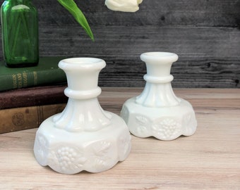 Westmoreland Milk Glass Paneled Grape Candle Holders, Vintage 1950s French Country Farmhouse Cottage Chic Candle Sticks, Taper Candleholders