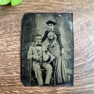 Victorian Tintype Photo, 1800s Ferrotype Portrait, Antique Couple Photograph, 3.375 x 2.375 Inch, Gothic Decor, Halloween Photo Prop