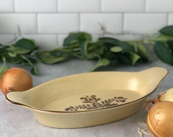 Vintage Pfaltzgraff Au Gratin 22oz #270 Village Pattern, Oven and Microwave Safe Baking Dish, Farmhouse Tan and Brown Serving Platter