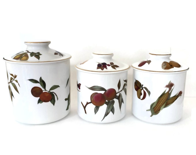 Royal Worcester Evesham Canister Set, Fine Porcelain Canisters, Vintage