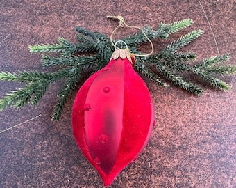 Vintage Seasons of Cannon Falls Red Velvet Blown Glass Ornament, Flocked Teardrop Holiday Bauble
