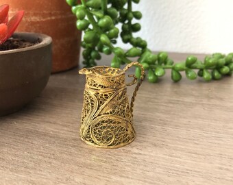 Miniature Gold Plated Copper Filigree Pitcher CU Portugal