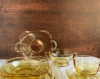 Fostoria Mayfair Topaz Depression Glass Dinnerware, 1930s Vintage