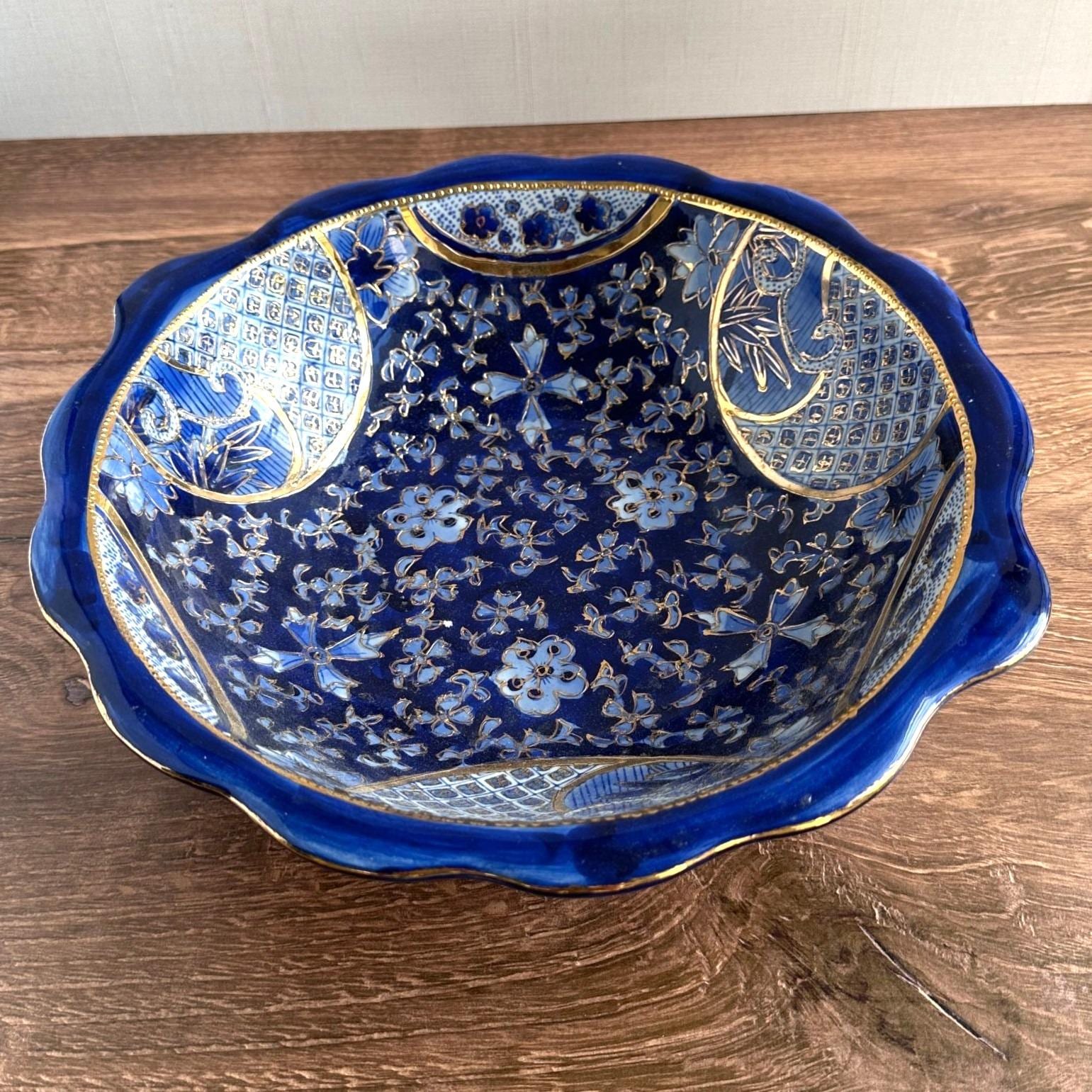 Bol vintage en porcelaine bleu cobalt, style floral Imari doré doré, fabriqué en Chine, plat décoratif asiatique