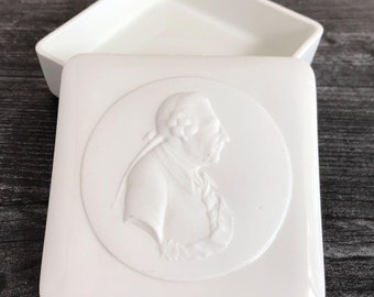 Vintage Square White Ceramic Box with George Washington Repousse Detail, Stash Box, Mens Ring or Jewelry Box