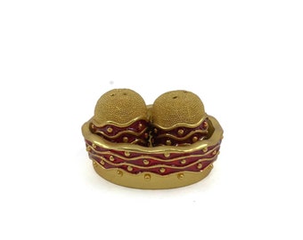 Acorns in Basket Individual Salt and Pepper Shakers Gold Gild Metal with Red Enamel