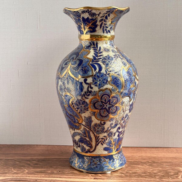 1950s Thai Benjarong Vase – Hand Painted Porcelain, Cobalt Blue & Gold Floral, Export Piece