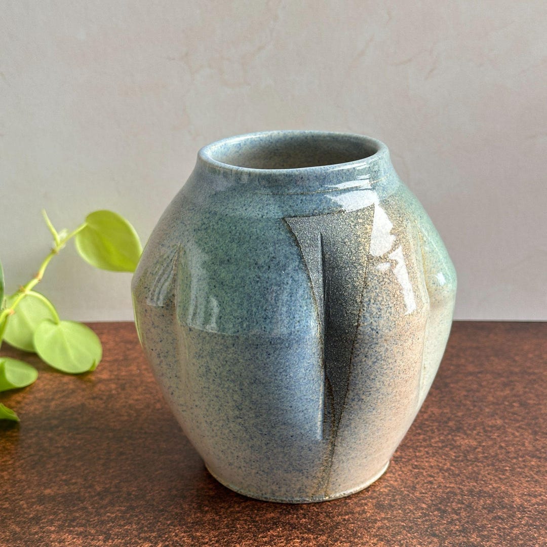 Vintage Studio Pottery Vase Muted Greens and Blues High Gloss Glaze ...