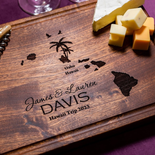 Handmade Cutting Board Personalized Hawaiian Island Design #807-Wedding & Anniversary Gift for Couples-Housewarming and Closing Present