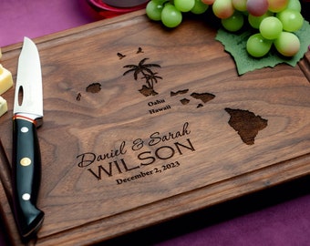 Handmade Cutting Board Personalized Hawaiian Island Design #807-Wedding & Anniversary Gift for Couples-Housewarming and Closing Present