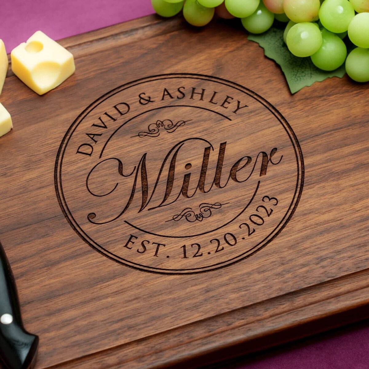 Handmade Cutting Board Personalized Round Stamp Design in Walnut. Size 17" X 12"