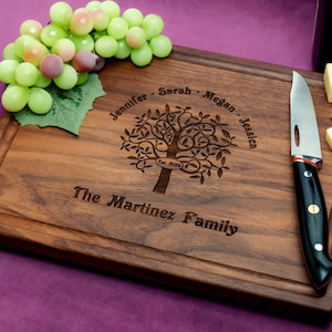Handmade from natural hardwood personalized cutting board. Never stained, 100% food safe, only finished with food grade mineral oil and beeswax. 12x9 inches Walnut Wooden board with Family Tree design 402 with first names, date, and family name.
