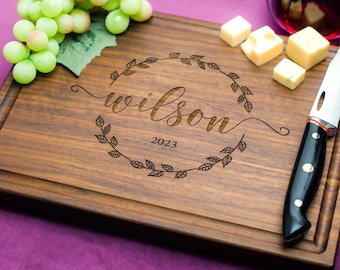 Handmade Cutting Board Personalized Modern Wreath Design #938-Wedding & Anniversary Gift for Couples-Housewarming and Closing Present
