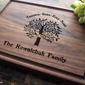 Handmade from natural hardwood personalized cutting board. Never stained, 100% food safe, only finished with food grade mineral oil and beeswax. 12x9 inches Walnut Wooden board with Family Tree design 402 with first names, date, and family name.