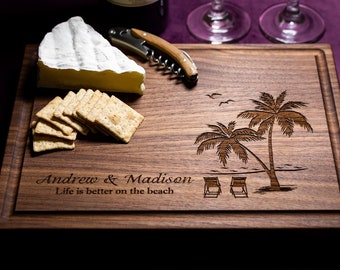 Handmade Cutting Board Personalized Tropical Beach Design #409-Wedding & Anniversary Gift for Couples-Housewarming and Closing Present