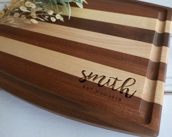 Personalized Engraved Striped Cutting Board with Corner Design for Anniversary or Housewarming Gift. 920