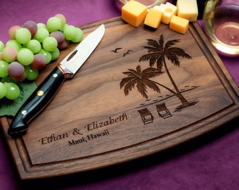 Handmade Cutting Board Personalized Tropical Beach Design #409-Wedding & Anniversary Gift for Couples-Housewarming and Closing Present