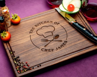 Handmade Cutting Board Personalized Chef's Kitchen Design #501-Wedding & Anniversary Gift for Couples-Housewarming and Closing Present