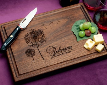 Handmade Cutting Board Personalized Artistic Dandelion Design #406-Wedding & Anniversary Gift for Couples-Housewarming and Closing Present