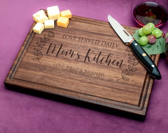 Mom's Kitchen-Love Served Daily-Handmade Cutting Board Personalized with Design#114Beautiful Gifts for Mother's Day,Unique Presents for Moms