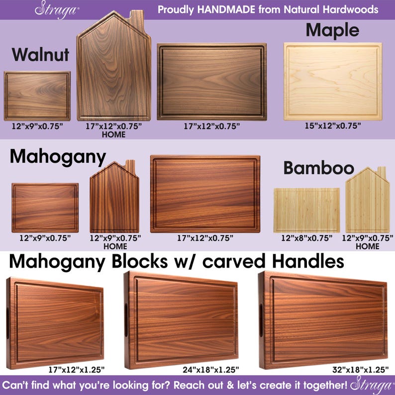 May include: A collection of rectangular and house-shaped wooden cutting boards in walnut, maple, mahogany, and bamboo. The boards feature juice grooves and specific dimensions in inches, including mahogany blocks with carved side handles.