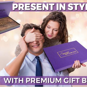 May include: A rectangular purple gift box with the text Special GIFT FOR YOU in a gold frame. An open purple box displays a wooden board engraved with the name WILLIAMS and the text Est. August 2018. The text PRESENT IN STYLE and WITH PREMIUM GIFT BOX appears.
